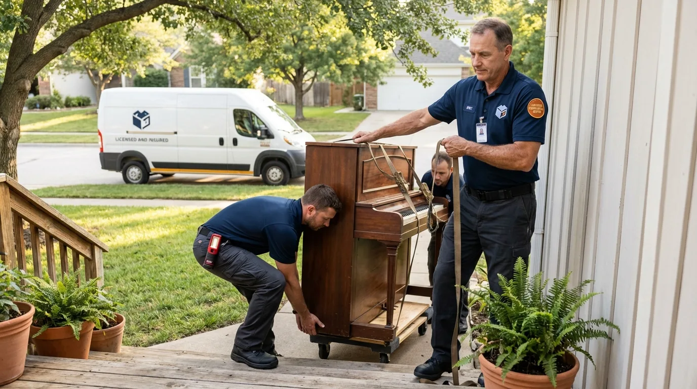 Licensed piano movers securing grand piano in Middletown, DE